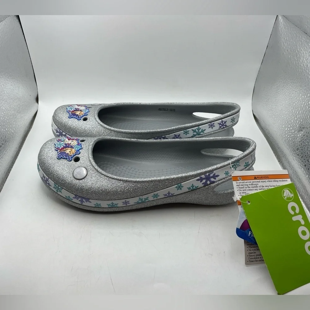 NEW! Crocs X Disney Frozen Genna II girls silver sparkly flats size 5Y